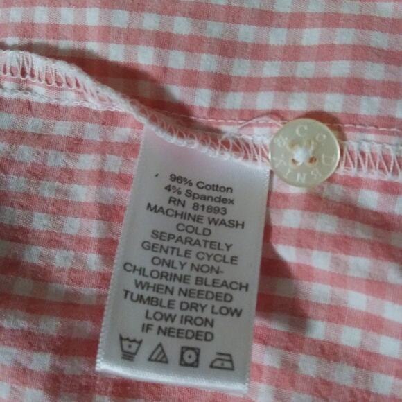 Denim & Co Peach Gingham Button Front Shirt 3/4 Sleeves Button Down Stretch S-M - Picture 8 of 10